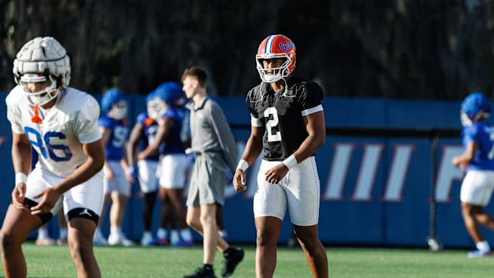 Florida Gators quarterback DJ Lagway (2) watches from the back of the play during spring football practice at Heavener Football Complex at the University of Florida in Gainesville, FL on Thursday, March 6, 2025. [Matt Pendleton/Gainesville Sun]