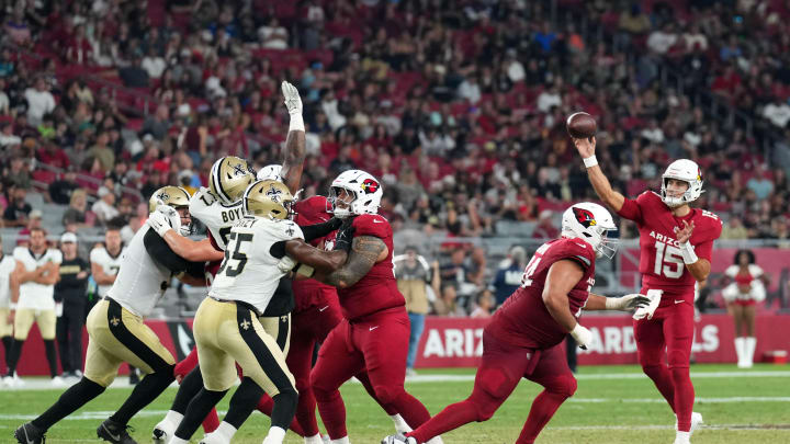 Aug 10, 2024; Glendale, Arizona, USA; Arizona Cardinals quarterback Clayton Tune (15) throws a pass against the New Orleans Saints during the second half at State Farm Stadium. Mandatory Credit: Joe Camporeale-USA TODAY Sports