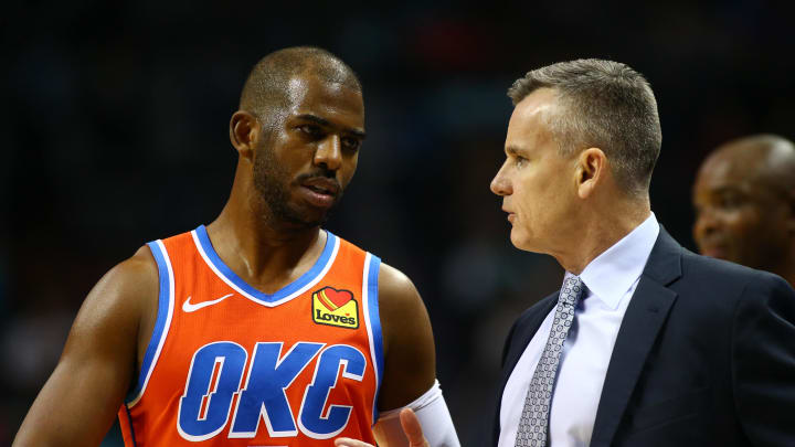 Dec 27, 2019; Charlotte, North Carolina, USA; Oklahoma City Thunder guard Chris Paul (3) talks with head coach Billy Donovan during the first half at Spectrum Center. Mandatory Credit: Jeremy Brevard-USA TODAY Sports