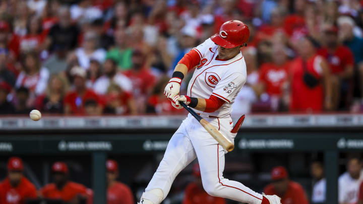 Aug 14, 2024; Cincinnati, Ohio, USA; Cincinnati Reds outfielder TJ Friedl (29) hits a solo home run in the fifth inning against the St. Louis Cardinals at Great American Ball Park. Mandatory Credit: Katie Stratman-USA TODAY Sports