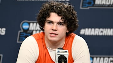Mar 19, 2025; Providence, RI, USA; Clemson Tigers forward Ian Schieffelin (4) speaks to the media during a press conference at Amica Mutual Pavilion. Mandatory Credit: Eric Canha-Imagn Images