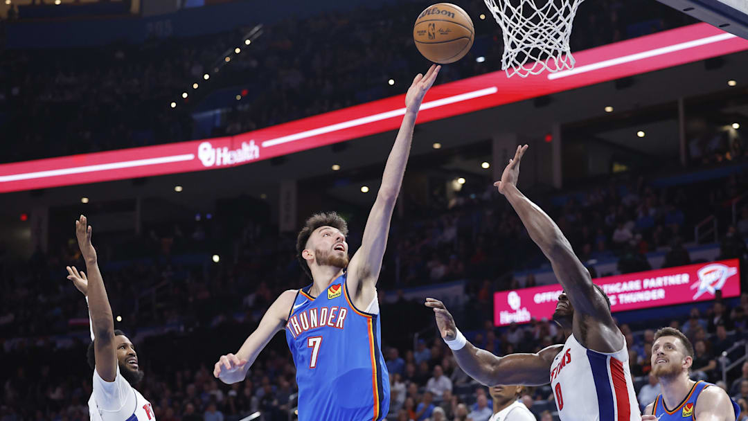 Apr 2, 2025; Oklahoma City, Oklahoma, USA; Oklahoma City Thunder forward Chet Holmgren (7) shoots against the Detroit Pistons during the second half at Paycom Center. Mandatory Credit: Alonzo Adams-Imagn Images