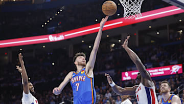 Apr 2, 2025; Oklahoma City, Oklahoma, USA; Oklahoma City Thunder forward Chet Holmgren (7) shoots against the Detroit Pistons during the second half at Paycom Center. Mandatory Credit: Alonzo Adams-Imagn Images