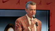Feb 28, 2025; Birmingham, AL, USA; The University of Alabama celebrated the retirement of Dr. Ginger Gilmore from the athletic training staff Friday at Bryant-Denny Stadium. Athletics director Greg Byrne speaks during the reception.