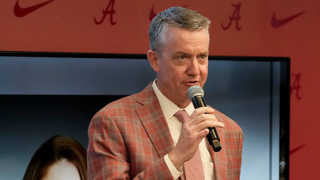 Feb 28, 2025; Birmingham, AL, USA; The University of Alabama celebrated the retirement of Dr. Ginger Gilmore from the athletic training staff Friday at Bryant-Denny Stadium. Athletics director Greg Byrne speaks during the reception.