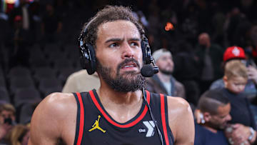 Mar 6, 2025; Atlanta, Georgia, USA; Atlanta Hawks guard Trae Young (11) does an interview after a victory over the Indiana Pacers at State Farm Arena. Mandatory Credit: Brett Davis-Imagn Images
