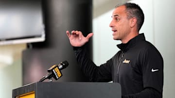 Iowa men’s basketball head coach Ben McCollum fields questions from journalists during the team’s media day Oct. 15, 2025 at Carver-Hawkeye Arena in Iowa City, Iowa.