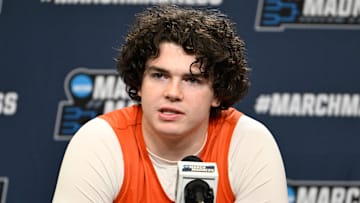 Clemson Tigers forward Ian Schieffelin (4) speaks to the media during a press conference.