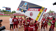 Oklahoma starting pitcher Kierston Deal celebrates after Game 2 of an NCAA super regional.