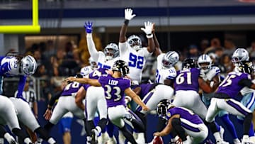 Aug 16, 2025; Arlington, Texas, USA;  Baltimore Ravens place kicker Tyler Loop (33) kicks the ball during the game against the Dallas Cowboys at AT&T Stadium. Mandatory Credit: Kevin Jairaj-Imagn Images