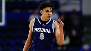 Feb 4, 2025; Colorado Springs, Colorado, USA; Nevada Wolf Pack guard Kobe Sanders (8) gestures in the second half against the Air Force Falcons at Clune Arena. Mandatory Credit: Isaiah J. Downing-Imagn Images