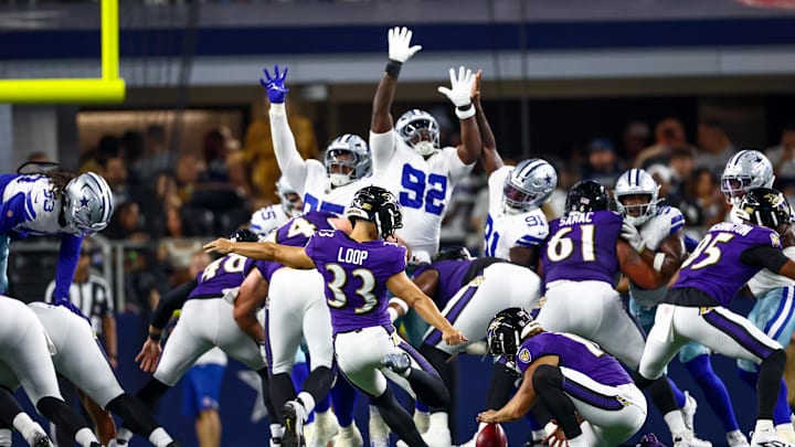 Aug 16, 2025; Arlington, Texas, USA;  Baltimore Ravens place kicker Tyler Loop (33) kicks the ball during the game against the Dallas Cowboys at AT&T Stadium. Mandatory Credit: Kevin Jairaj-Imagn Images