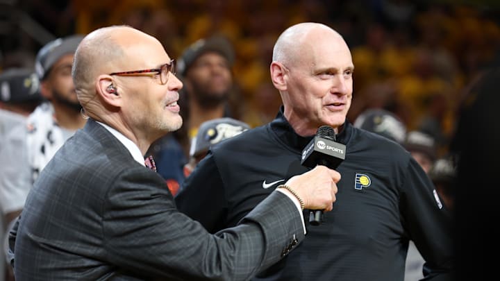 Ernie Johnson interviews Indiana Pacers head coach Rick Carlisle after game six of the eastern conference finals against the New York Knicks.