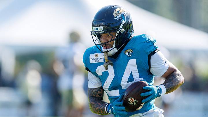 Aug 13, 2026; Metairie, LA, USA;  Jacksonville Jaguars running back Chris Rodriguez Jr. (24) against the New Orleans Saints during a joint scrimmage during at Ochsner Sports Performance Center. Mandatory Credit: Stephen Lew-Imagn Images