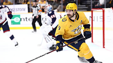 Oct 26, 2024; Nashville, Tennessee, USA; Nashville Predators left wing Filip Forsberg (9) skates away from the net after a shot on goal in the third period against the Columbus Blue Jackets at Bridgestone Arena. Mandatory Credit: Casey Gower-Imagn Images