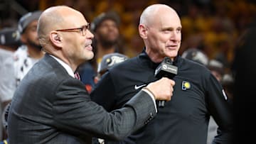 May 31, 2025; Indianapolis, Indiana, USA; Ernie Johnson interviews Indiana Pacers head coach Rick Carlisle after game six of the eastern conference finals against the New York Knicks for the 2025 NBA Playoffs at Gainbridge Fieldhouse. Mandatory Credit: Trevor Ruszkowski-Imagn Images