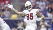 Nov 19, 2023; Houston, Texas, USA; Arizona Cardinals tight end Trey McBride (85) reacts during the game against the Houston Texans at NRG Stadium. Mandatory Credit: Troy Taormina-USA TODAY Sports