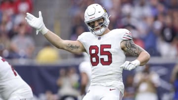 Nov 19, 2023; Houston, Texas, USA; Arizona Cardinals tight end Trey McBride (85) reacts during the game against the Houston Texans at NRG Stadium. Mandatory Credit: Troy Taormina-USA TODAY Sports