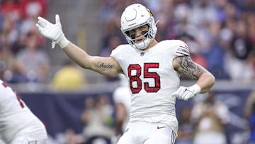 Nov 19, 2023; Houston, Texas, USA; Arizona Cardinals tight end Trey McBride (85) reacts during the