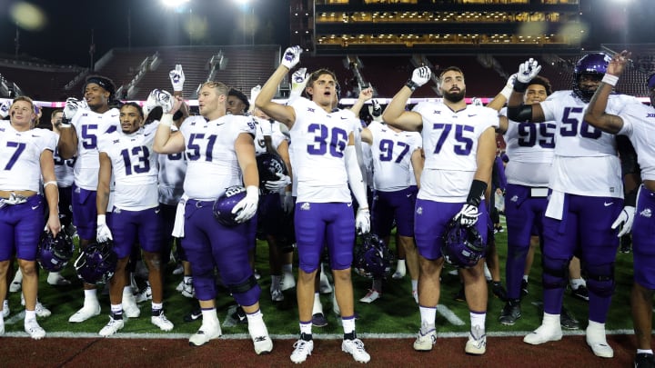 Aug 30, 2024; Stanford, California, USA; The TCU Horned Frogs team celebrates after the game against the Stanford Cardinal at Stanford Stadium. Mandatory Credit: Sergio Estrada-USA TODAY Sports