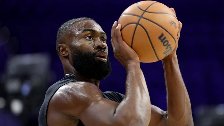 Apr 30, 2026; Philadelphia, Pennsylvania, USA; Boston Celtics guard Jaylen Brown warms up before a game against the Philadelphia 76ers at Xfinity Mobile Arena. Mandatory Credit: Bill Streicher-Imagn Images