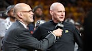Ernie Johnson interviews Indiana Pacers coach Rick Carlisle after Game 6 of the Eastern Conference Finals against the New York Knicks.