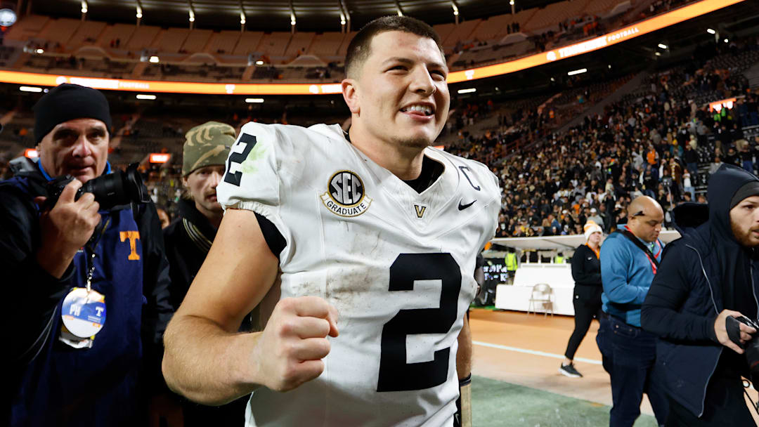 Diego Pavia #2 of the Vanderbilt Commodores celebrates after a victory against the Tennessee Volunteers at Neyland Stadium on November 29, 2025 in Knoxville, Tennessee.
