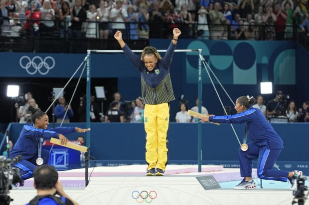 Simone Biles, Jordan Chiles, and Rebeca Andrade