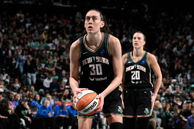 New York Liberty forward Breanna Stewart lines up for a free throw during Game 5 of the WNBA Finals.