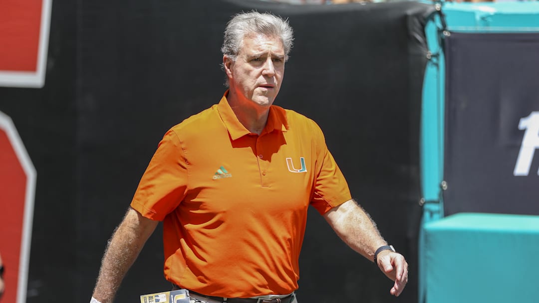 Sep 3, 2022; Miami Gardens, Florida, USA; University of Miami Athletic Director Dan Radakovich walks on the field prior to the game against Bethune Cookman Wildcats at Hard Rock Stadium. Mandatory Credit: Sam Navarro-Imagn Images