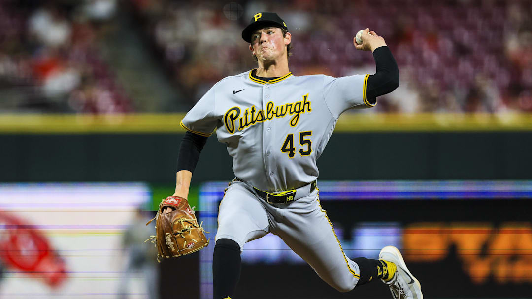 Mar 31, 2026; Cincinnati, Ohio, USA; Pittsburgh Pirates relief pitcher Hunter Barco (45) pitches against the Cincinnati Reds in the seventh inning at Great American Ball Park. Mandatory Credit: Katie Stratman-Imagn Images