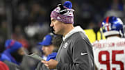 Dec 1, 2025; Foxborough, Massachusetts, USA; New York Giants head coach Mike Kafka is seen on the sideline during the fourth quarter against the New England Patriots at Gillette Stadium.  