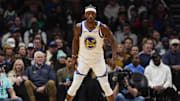 Mar 3, 2025; Charlotte, North Carolina, USA; Golden State Warriors forward Jimmy Butler III (10) on defense during the second quarter against the Charlotte Hornets at Spectrum Center. Mandatory Credit: Jim Dedmon-Imagn Images