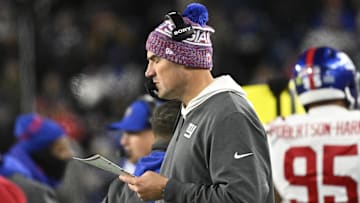 Dec 1, 2025; Foxborough, Massachusetts, USA; New York Giants head coach Mike Kafka is seen on the sideline during the fourth quarter against the New England Patriots at Gillette Stadium.  