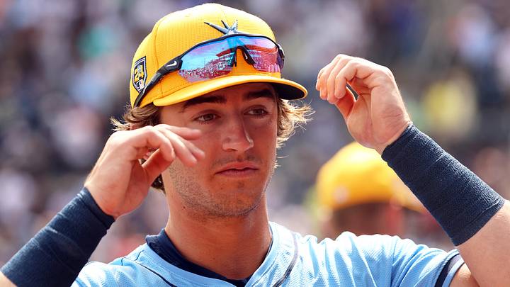 Mar 6, 2024; Tampa, Florida, USA;  Tampa Bay Rays infielder Carson Williams (80) looks on before the game against the New York Yankees at George M. Steinbrenner Field. Mandatory Credit: Kim Klement Neitzel-Imagn Images