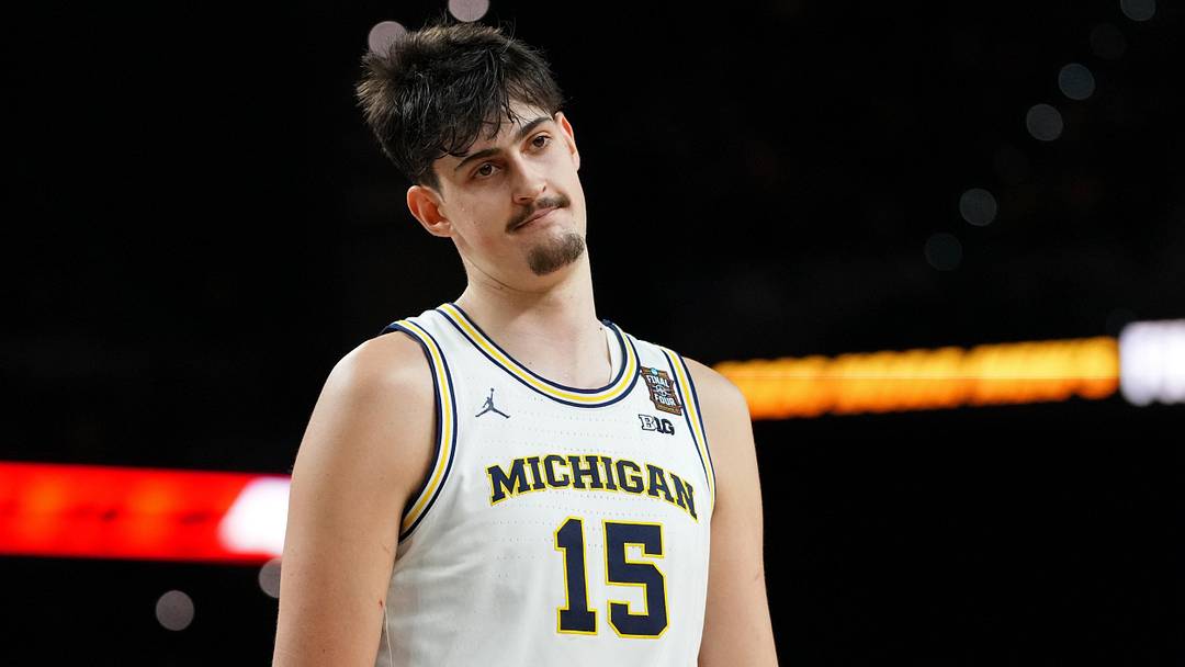 Apr 6, 2026; Indianapolis, IN, USA; Michigan Wolverines center Aday Mara (15) reacts after a play against the UConn Huskies during the first half in the national championship of the Final Four of the men's 2026 NCAA Tournament between the and the Michigan Wolverines at Lucas Oil Stadium. Mandatory Credit: Bob Donnan-Imagn Images Apr 6, 2026; Indianapolis, IN, USA; Michigan Wolverines center Aday Mara (15) reacts after a play against the UConn Huskies during the first half in the national championship of the Final Four of the men's 2026 NCAA Tournament between the and the Michigan Wolverines at Lucas Oil Stadium. Mandatory Credit: Bob Donnan-Imagn Images