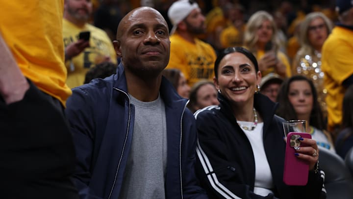 May 25, 2025; Indianapolis, Indiana, USA; Jay Williams sits on the sideline during the first quarter between the Indiana Pacers and the New York Knicks during game three of the eastern conference finals for the 2025 NBA Playoffs at Gainbridge Fieldhouse. Mandatory Credit: Trevor Ruszkowski-Imagn Images