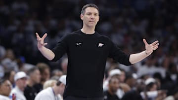 Apr 20, 2025; Oklahoma City, Oklahoma, USA; Oklahoma City Thunder head coach Mark Daigneault gestures to his team during a play against the Memphis Grizzlies in the second half at Paycom Center. Mandatory Credit: Alonzo Adams-Imagn Images