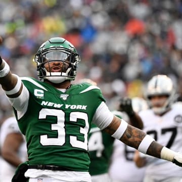 New York Jets strong safety Jamal Adams (33) celebrates after sacking Oakland Raiders quarterback Derek Carr (not pictured) in the first half of an NFL game at MetLife Stadium on Sunday, Nov. 24, 2019, on East Rutherford.