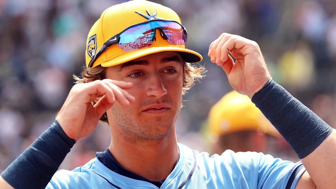 Mar 6, 2024; Tampa, Florida, USA; Tampa Bay Rays infielder Carson Williams (80) looks on before the game against the New York Yankees at George M. Steinbrenner Field. Mar 6, 2024; Tampa, Florida, USA; Tampa Bay Rays infielder Carson Williams (80) looks on before the game against the New York Yankees at George M. Steinbrenner Field.