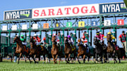 A race gets underway at the 2025 Saratoga Race Course summer meet. 