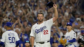 Jul 2, 2025; Los Angeles, California, USA;  Los Angeles Dodgers starting pitcher Clayton Kershaw (22) acknowledges the crowd after striking out Chicago White Sox third baseman Vinny Capra (41) for his 3000th career strike at Dodger Stadium. Mandatory Credit: Jayne Kamin-Oncea-Imagn Images