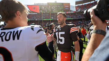 Cleveland Browns quarterback Joe Flacco (15) congratulates Cincinnati Bengals quarterback Joe Burrow (9) after losing to the Bengals in an NFL football game at Huntington Bank Field, Sept. 7, 2025, in Cleveland, Ohio.