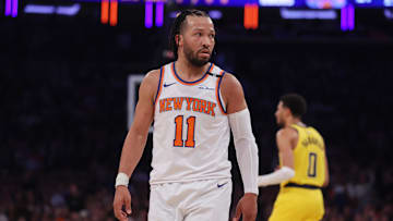 New York Knicks guard Jalen Brunson looks on against the Indiana Pacers during the 2025 NBA Playoffs.