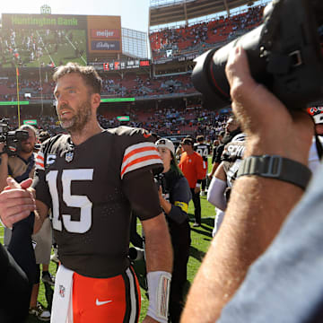 Cleveland Browns quarterback Joe Flacco (15) congratulates Cincinnati Bengals quarterback Joe Burrow (9) after losing to the Bengals in an NFL football game at Huntington Bank Field, Sept. 7, 2025, in Cleveland, Ohio.