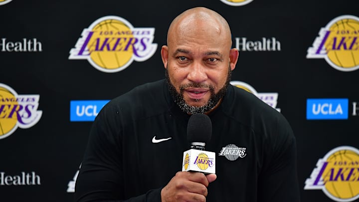 Sep 26, 2022; El Segundo, CA, USA; Los Angeles Lakers head coach Darvin Ham speaks during Lakers Media Day at UCLA Health Training Center. Mandatory Credit: Gary A. Vasquez-Imagn Images Sep 26, 2022; El Segundo, CA, USA; Los Angeles Lakers head coach Darvin Ham speaks during Lakers Media Day at UCLA Health Training Center. Mandatory Credit: Gary A. Vasquez-Imagn Images