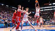 Arizona Wildcats guard KJ Lewis (5) shoots the ball during the first half against the Kansas Jayhawks at Allen Fieldhouse.