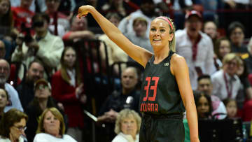Feb 22, 2024; Bloomington, Indiana, USA; Indiana Hoosiers guard Sydney Parrish (33) reacts to making a shot during the second half against the Iowa Hawkeyes at Simon Skjodt Assembly Hall. Mandatory Credit: Marc Lebryk-USA TODAY Sports