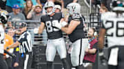 Nov 2, 2025; Paradise, Nevada, USA; Las Vegas Raiders tight end Brock Bowers (89) reacts after a play during the first half against the Jacksonville Jaguars at Allegiant Stadium. Mandatory Credit: Kirby Lee-Imagn Images