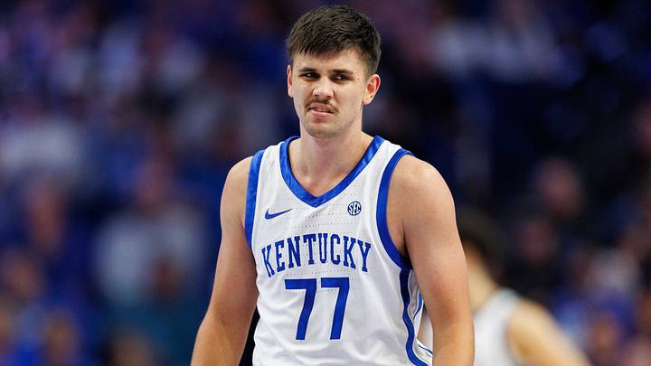 Nov 9, 2024; Lexington, Kentucky, USA; Kentucky Wildcats guard Kerr Kriisa (77) reacts during the second half against the Bucknell Bison at Rupp Arena at Central Bank Center. Mandatory Credit: Jordan Prather-Imagn Images